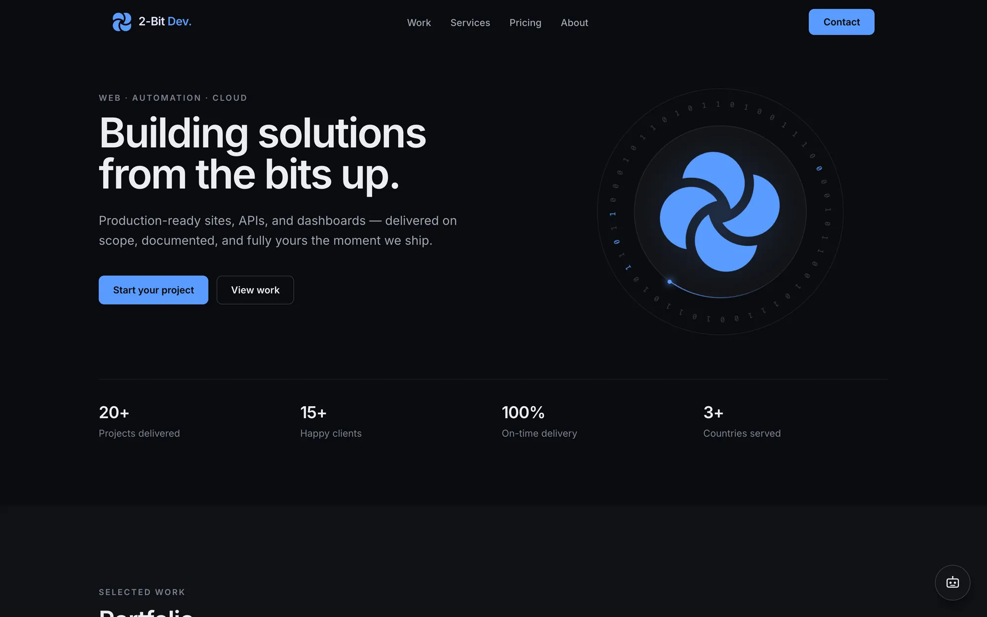 2-Bit Dev. home page with its animated brand mark