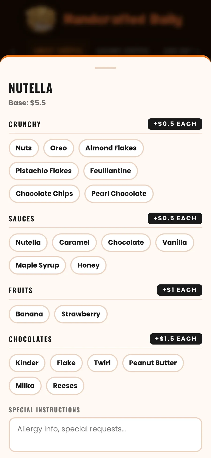Golden Bites add-on picker for a Nutella crêpe