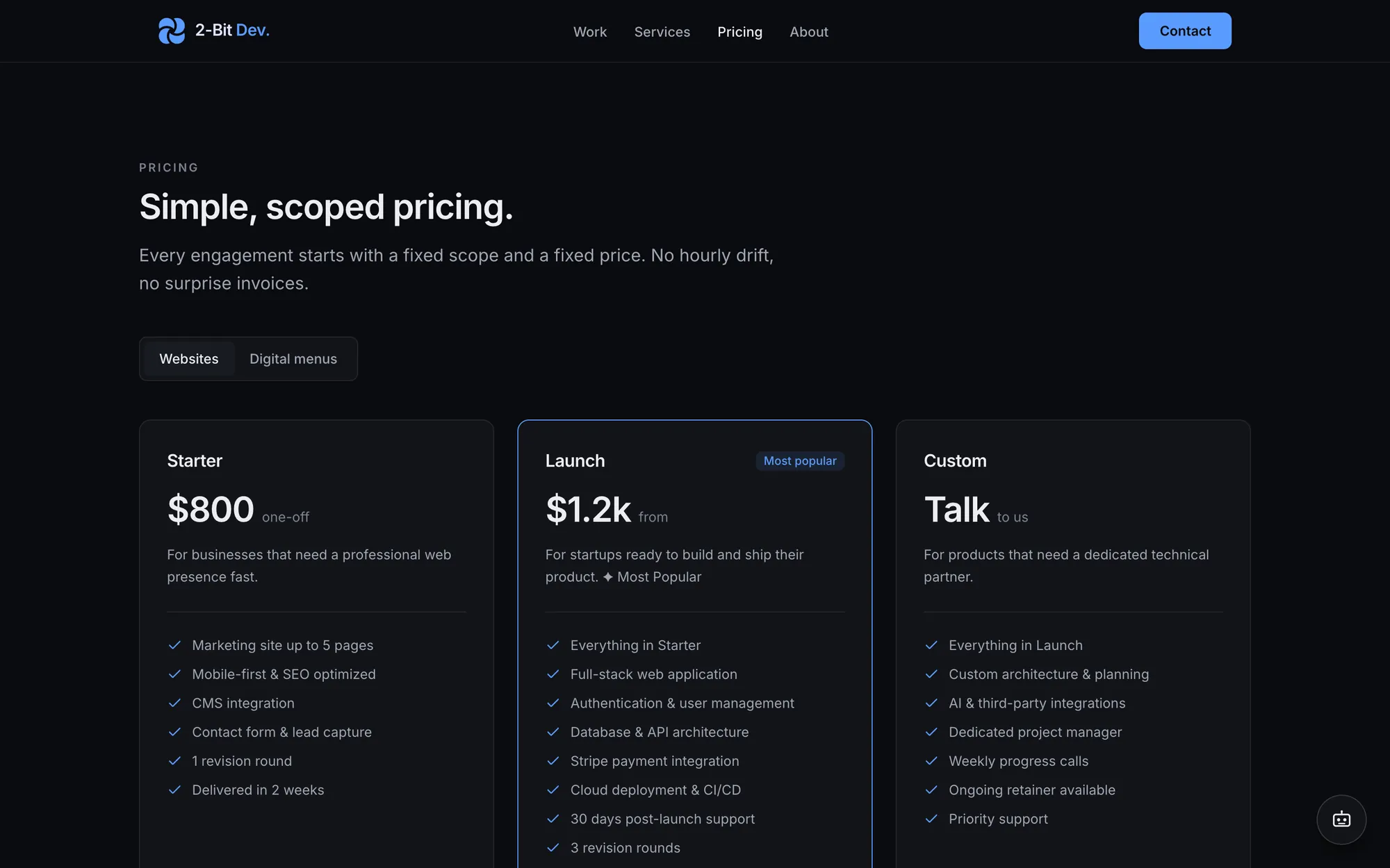 2-Bit Dev. pricing with three website plans