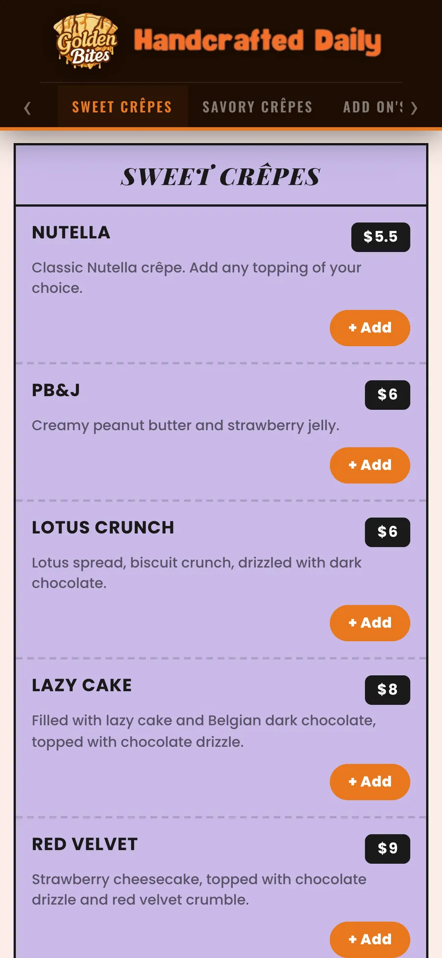 Golden Bites menu: sweet crêpes with prices