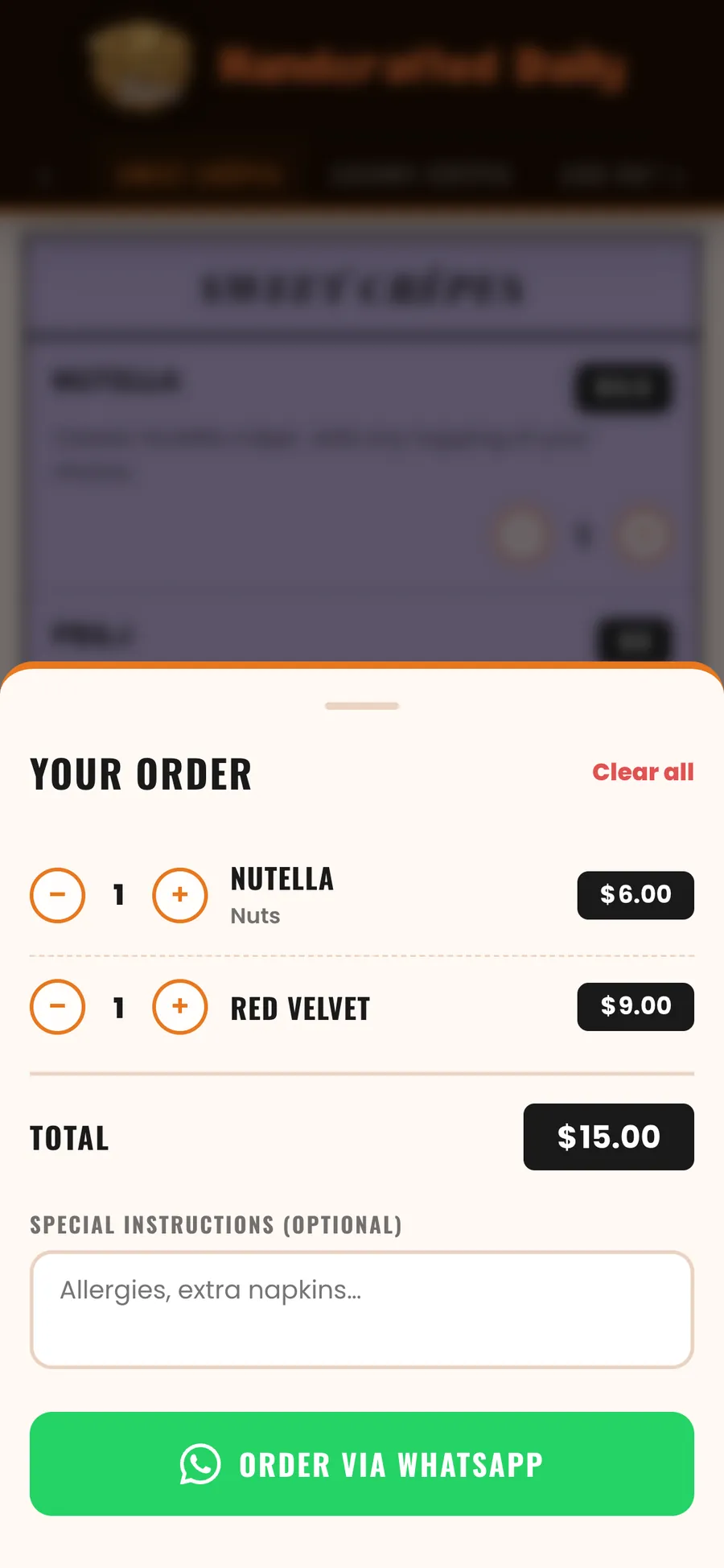 Golden Bites order basket, ready to send on WhatsApp