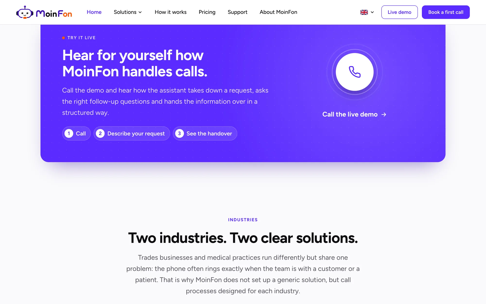 MoinFon live demo invitation and the two industries it serves
